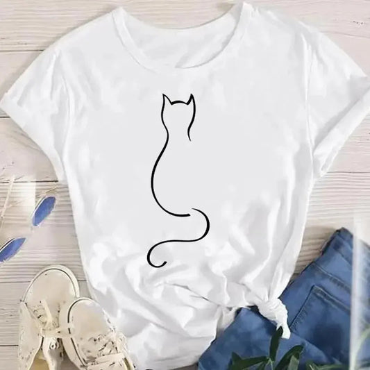 Women Funny Cat O Neck T-shirts Girl Summer Animal Tops Tee zenton
