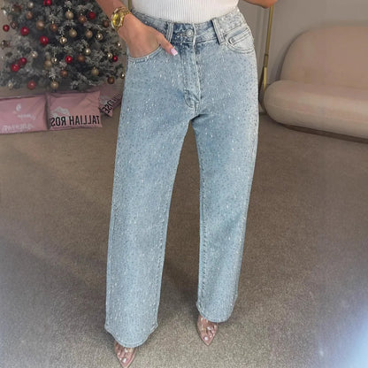 Women’s High-Waist Straight Jeans – Vintage Washed Denim with Diamonds - zenton