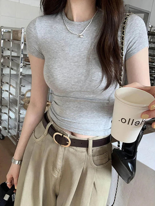 Basic Solid Crop Top Short Sleeve Crewneck Skinny T-shirt Summer Casual Tee for Women y2k Vintage Top Harajuku Streetwear zenton