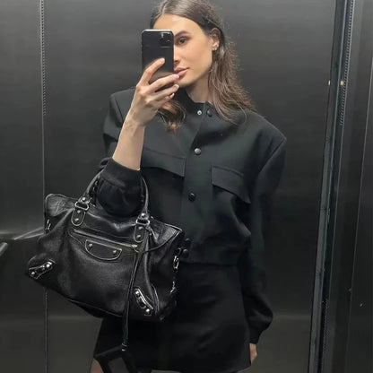 TRAF Woman Bomber Jacket Coat White Autumn Winter Button Baseball Aviator Cropped Jackets for Women Long Sleeve Crop Outerwear zenton