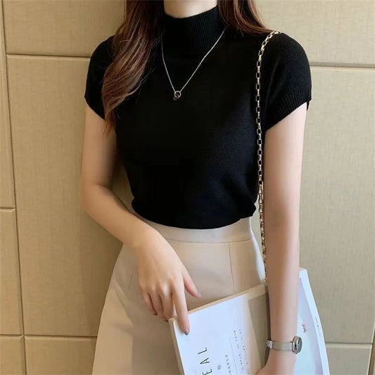 Fashion Woman Blouses Short Sleeve Summer Tops Blouse Women Turtleneck Knitted Blouse Shirt Women Tops Blouses DF4908 zenton