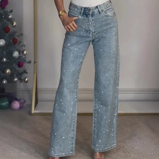 Women’s High-Waist Straight Jeans – Vintage Washed Denim with Diamonds - zenton