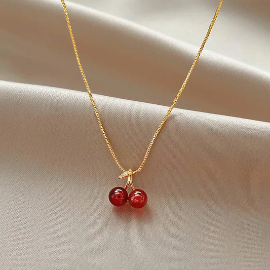 Wine Red Cherry Pendant Necklace – Artificial Jewellery Set - zenton
