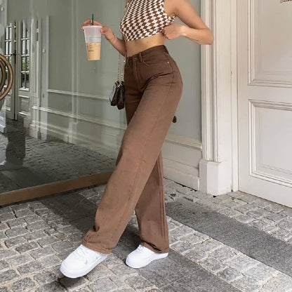 Women’s Brown Retro High Waist Jeans – Slim Straight Denim - zenton