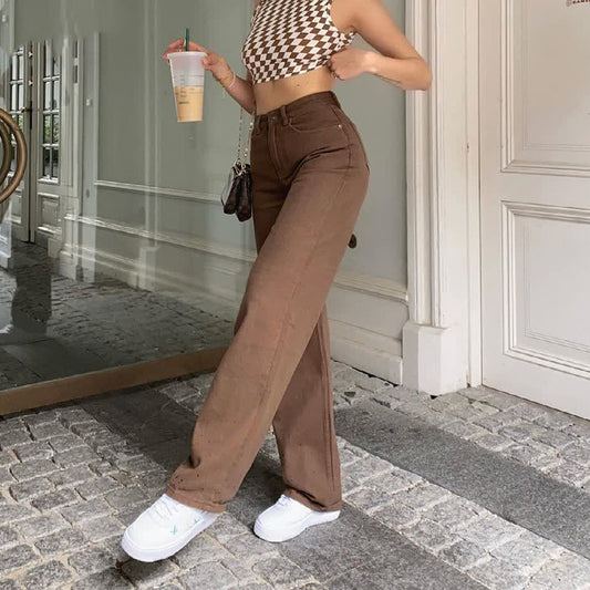 Women’s Brown Retro High Waist Jeans – Slim Straight Denim - zenton