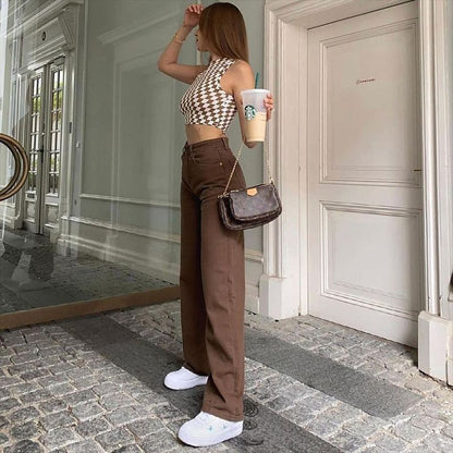 Women’s Brown Retro High Waist Jeans – Slim Straight Denim - zenton