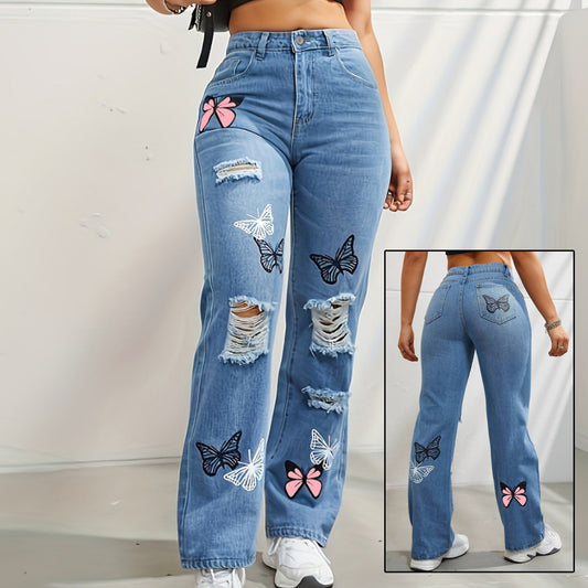 Women’s High Waist Straight Jeans – Butterfly Ripped Denim - zenton